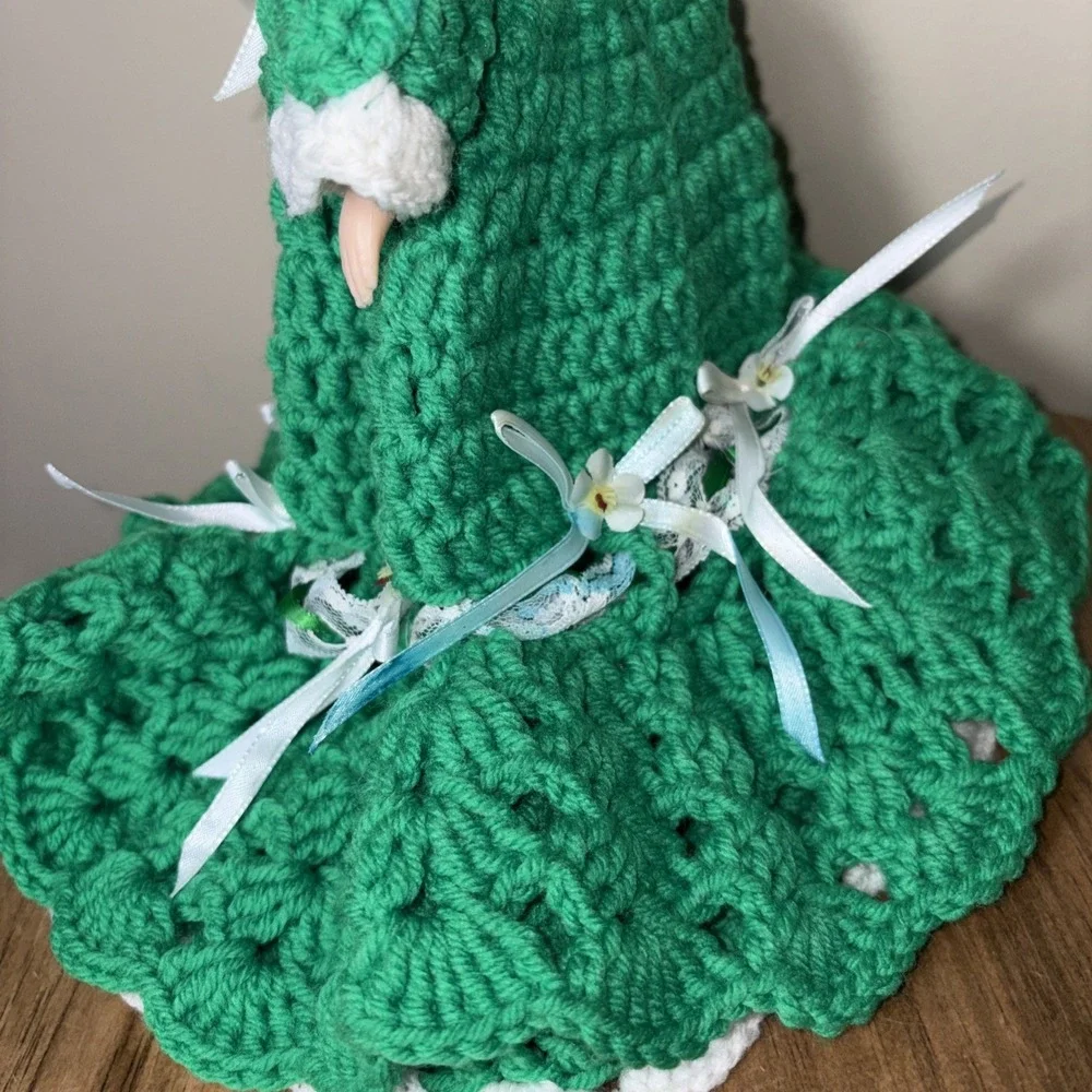 Vintage Crochet Doll Handmade Green Dress